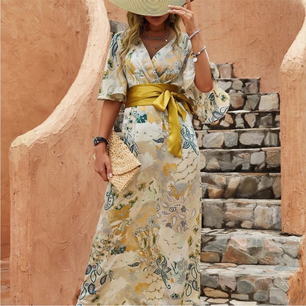 Yellow Boho Womens Floral Print Butterfly Sleeve Belted Dress